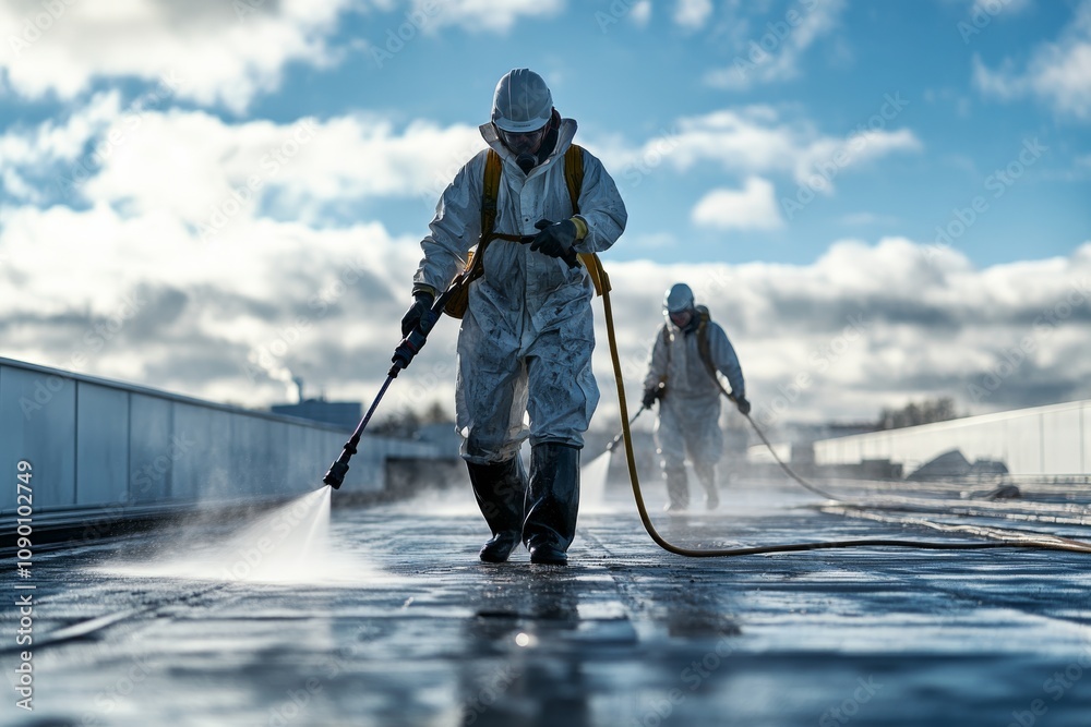 Φωτογραφία Industrial Roof Cleaning  Two Workers Pressure Washing Flat Roof with High Press