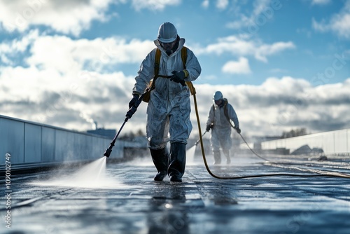 Industrial Roof Cleaning  Two Workers Pressure Washing Flat Roof with High Pressure Washer photo