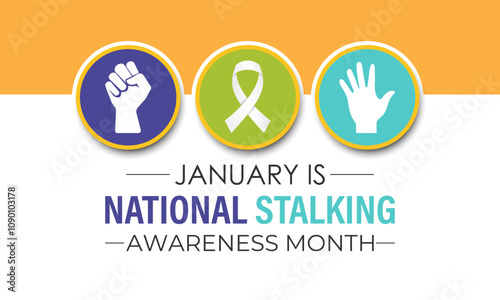 Vector graphic of National Stalking Awareness Month banner design template. Realistic Ribbon, hands icon and colourfull backgraound. Design for cards, prints, social media, poster, flyer.