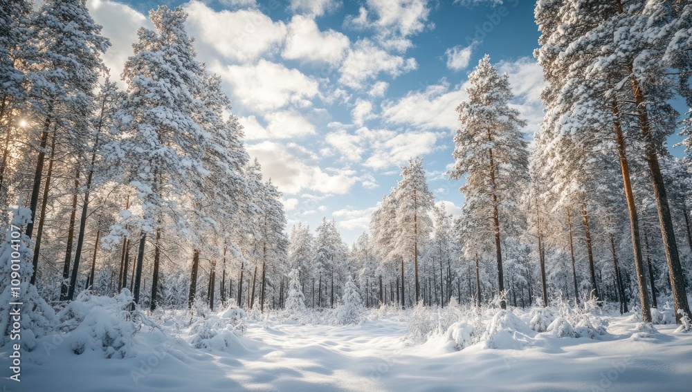 Fototapeta premium Snowy Forest with Sunbeams
