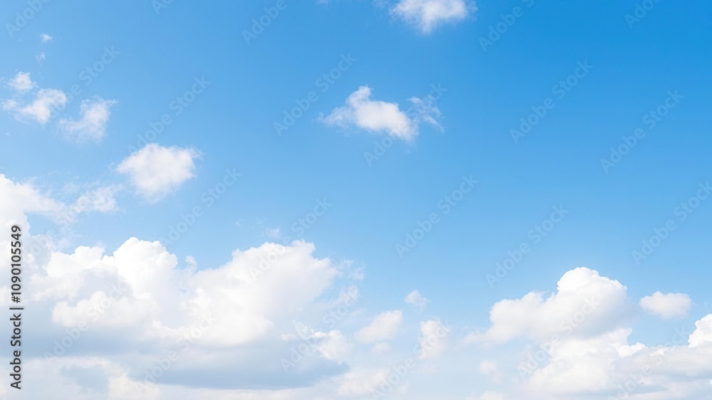 Fototapeta premium A serene and peaceful blue sky with many soft white fluffy clouds drifting lazily across the horizon, cloudy day, gentle clouds