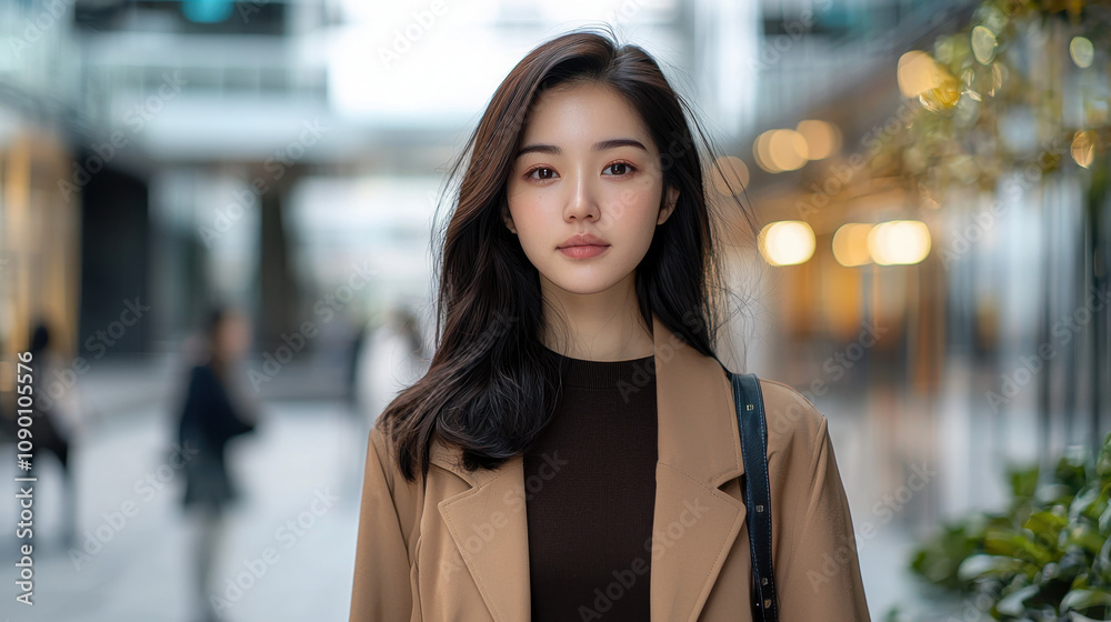 Obraz premium Portrait of a Beautiful Young Asian Woman in a Tan Blazer