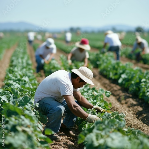 A group of immigrants picking crops during harvest season. 