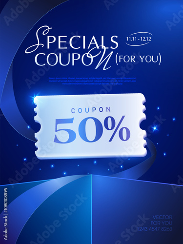 Couple of 3d special coupons with percent sale off, coupon code, on a gift box, isolated on dark blue background with shining effect. Gift voucher for exclusive promotion event vector banner. Vector