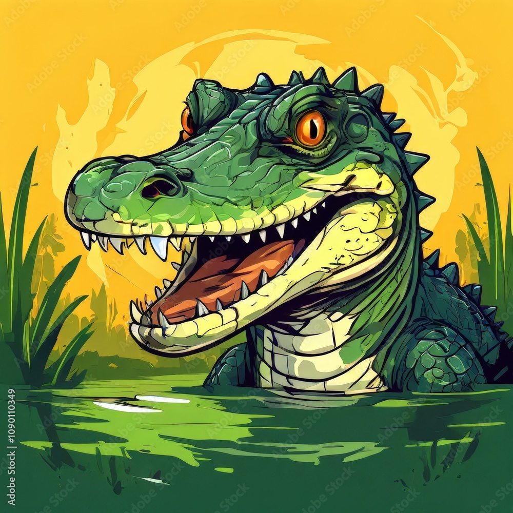 Obraz premium the AI Image Generator, Cartoon Crocodile in a Lush Swamp Setting