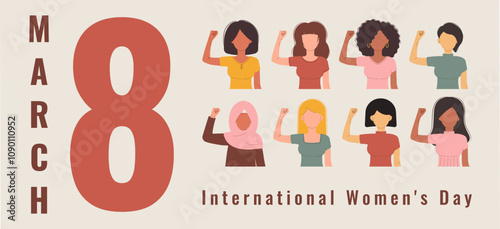 International Womens Day 8 march banner. Campaign 2025 AccelerateAction. Women in different ethnicity, age, hair color and more showing strength in their hand. Flat faceless vector illustration
