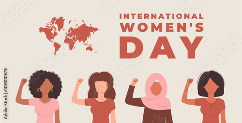International Womens Day 8 march card. Campaign 2025 AccelerateAction. Women in different ethnicity, age, hair color and more showing strength in their hand. Flat vector illustration