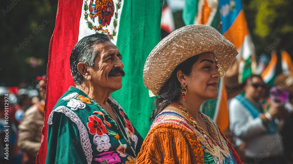 Fototapeta premium Celebrating Mexican Independence Day with traditional attire and vibrant flags
