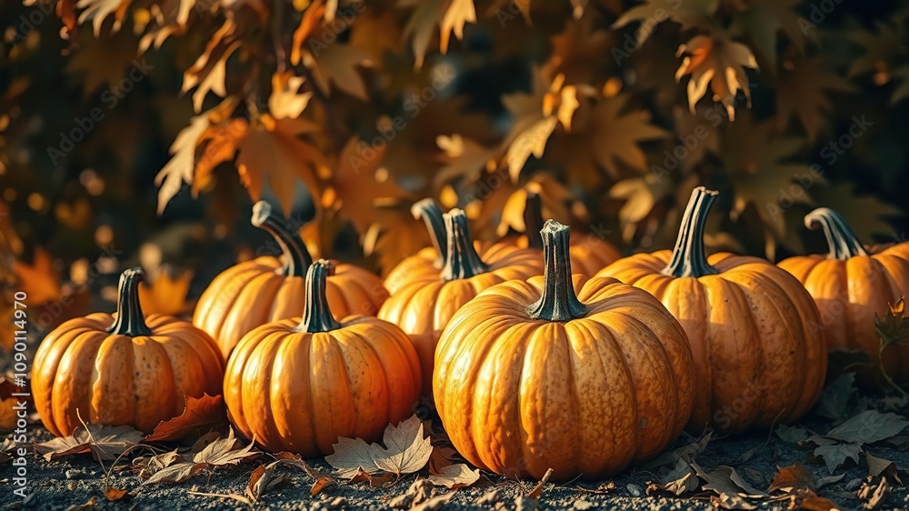 Naklejka premium A cluster of gleaming pumpkins rests against a backdrop of rustling leaves with deep golden hues in the fading light of day, seasonal decoration, nature scenes