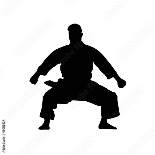 karate man pose simple silhouette, taekwondo, judo, martial silhouettes isolated on white. Icon, logo. 