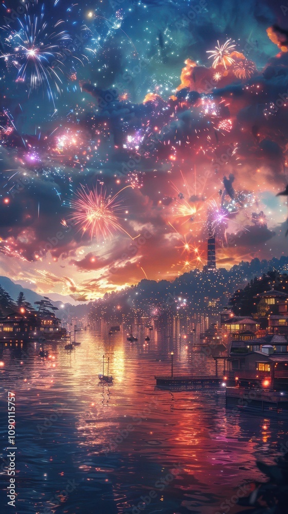 Obraz premium A magical city with a vibrant sky filled with fireworks, boats on the water, and buildings lit up.