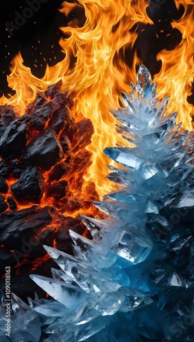 Fiery Inferno Meets Glacial Ice Crystals Natures Extreme Contrast. Generative AI