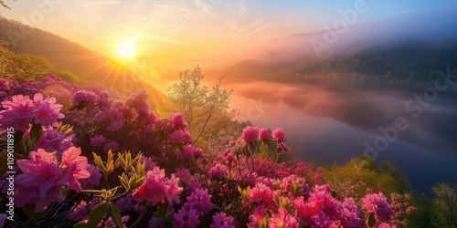 The sun rises over Grandview at the New River Gorge National Park in West Virginia as morning fog rolls through above the river lined with spring time rhododendron blooms. photo