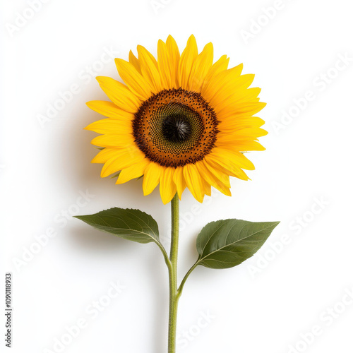 Bright sunflower with vibrant yellow petals and green leaves, symbolizing joy and positivity. Perfect for nature themed designs or floral arrangements