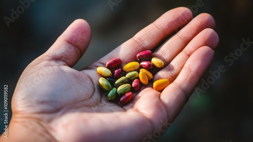 A single hand holding a collection of colorful seeds, Symbolizing the potential and promise of diverse ideas, minimalistic style photo