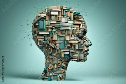 A cyberspace 3d illustration of email messages in the forms of books, files, piles and dots in the light blue background. Head profiles estimate the digital