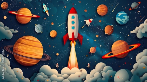 Wallpaper Mural Vintage Space Scene with Classic Rocket Ships Torontodigital.ca
