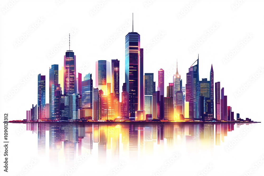 Obraz premium A colorful skyline of modern skyscrapers reflecting in water with vibrant hues of orange pink and yellow creating a dynamic cityscape 