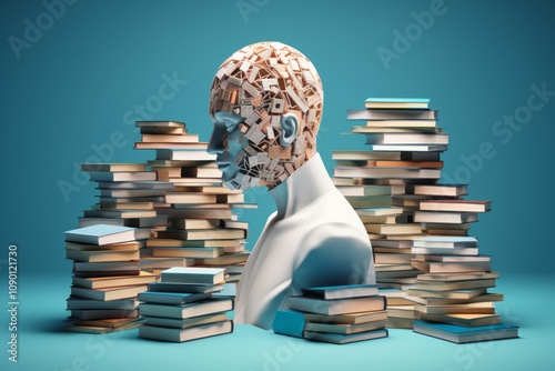 A cyberspace 3d illustration of email messages in the forms of books, files, piles and dots in the light blue background. Head profiles estimate the digital
