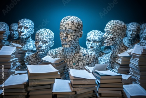 A cyberspace 3d illustration of email messages in the forms of books, files, piles and dots in the light blue background. Head profiles estimate the digital