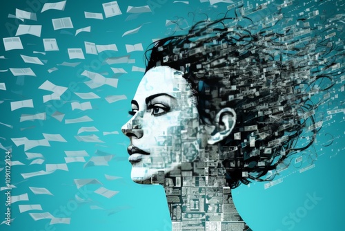 A cyberspace 3d illustration of email messages in the forms of books, files, piles and dots in the light blue background. Head profiles estimate the digital