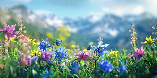 A detailed close-up of vibrant wildflowers like columbines and bluebells, with blurred Colorado mountain peaks creating depth in the background.