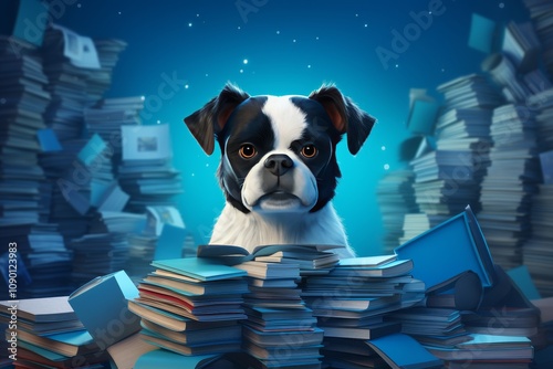 A cyberspace 3d illustration of email messages in the forms of books, files, files and dogs in the light blue background. Head profiles estimate the digital