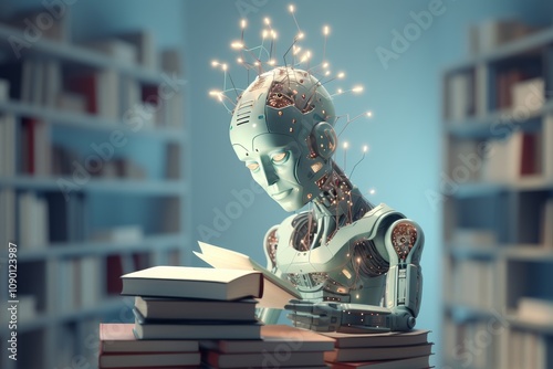 Cyberspace 3d illustration of email messages in the form of books, folders, archives and a robot head on a light blue background. Subscriber profiles evaluate digital