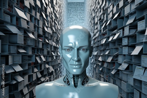 Cyberspace 3d illustration of email messages in the form of books, folders, archives and a robot head on a light blue background. Subscriber profiles evaluate digital