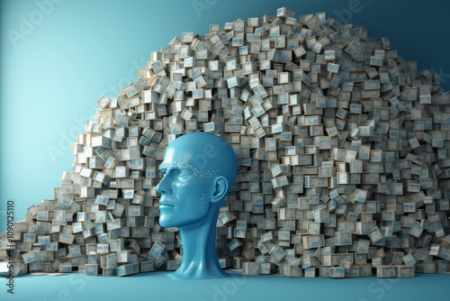 Cyberspace 3d illustration of email messages in the form of books, folders, archives and a robot head on a light blue background. Subscriber profiles evaluate digital