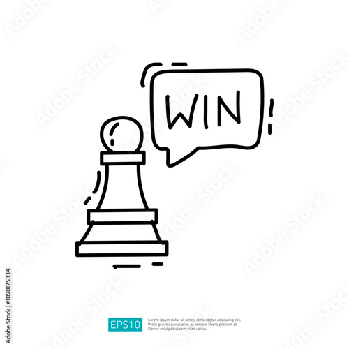 A simple illustration of a chess pawn with a speech bubble saying "WIN," symbolizing victory and strategy in games.