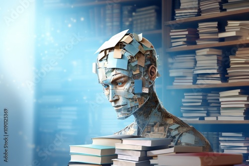 Cyberspace 3d illustration of email messages in the form of books, folders, archives and a robot head on a light blue background. Subscriber profiles evaluate digital