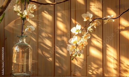 Colorful orchids beside a glass jar with plants on a wooden backdrop., Generate AI