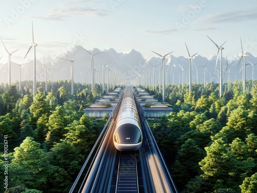 Solar-powered monorail journey mountain region futuristic transport eco-friendly environment aerial perspective sustainable innovation photo