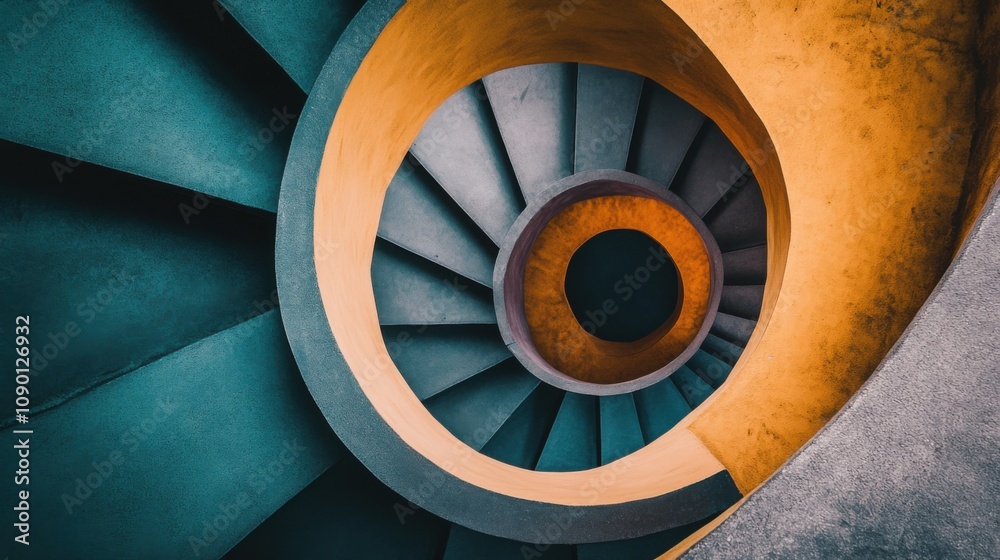 Fototapeta premium A spiral staircase with steps of different materials and colors, Illustrating the journey of diversity and progress, minimalist composition