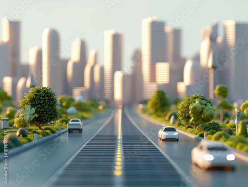 Futuristic renewable energy highway urban cityscape digital illustration green environment wide-angle view sustainable mobility concept photo