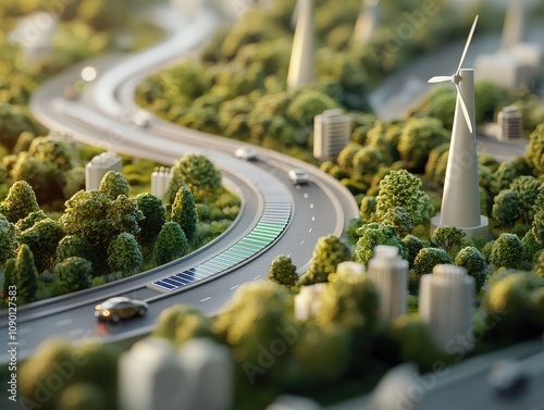 Innovative renewable energy highway urban landscape digital art futuristic environment aerial view sustainable transportation photo