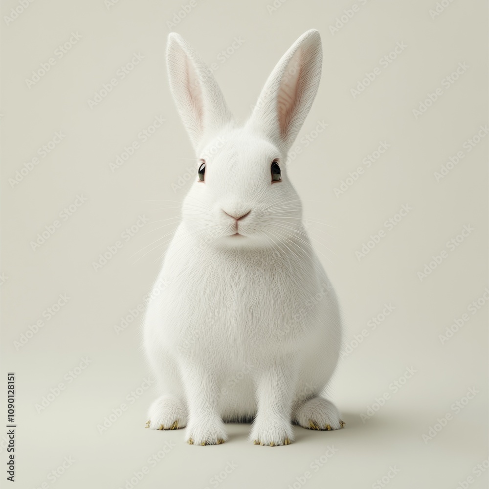 Fototapeta premium A cute, fluffy white rabbit sitting calmly against a plain background.