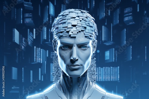Cyberspace 3d illustration of email messages in the form of books, folders, archives and a robot head on a light blue background. Subscriber profiles evaluate digital
