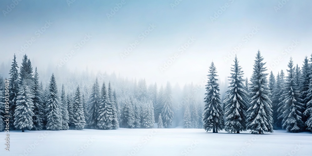 Obraz premium Serene Winter Landscape Snow-Covered Evergreen Forest in Misty Field