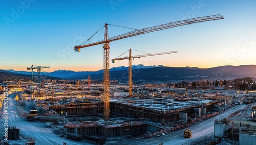 Construction Site at Sunset: A Panorama of Urban Development photo