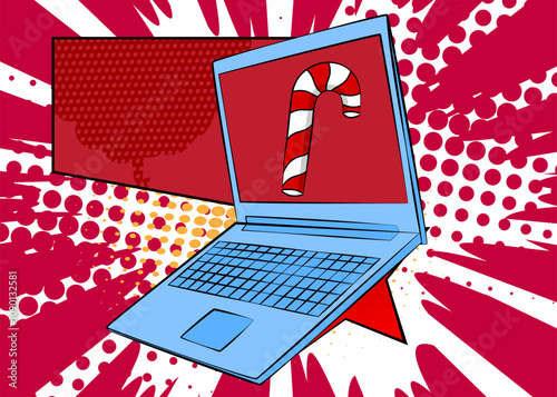 Cartoon Laptop, comic book Notebook with Candy cane. Retro vector comics pop art design.