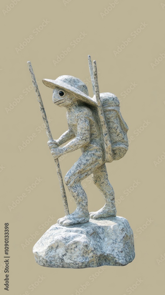 Fototapeta premium A stone sculpture of a hiker with a backpack and walking sticks on a rock base.