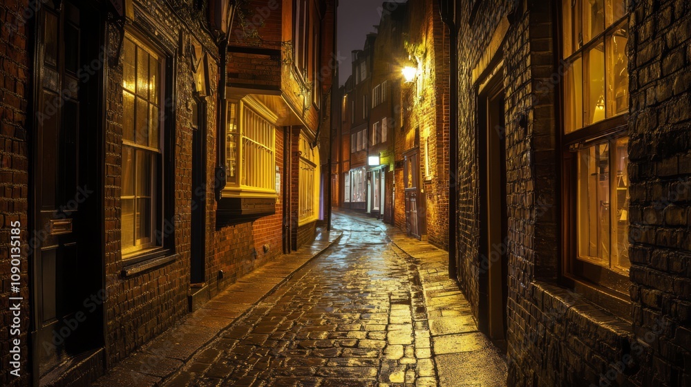 Fototapeta premium Cobblestone alleyway at night, illuminated by warm streetlights.
