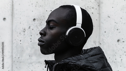 Person wearing headphones with closed eyes, immersed in music, standing against a minimalist concrete background