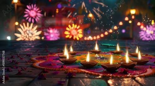 Wallpaper Mural A Colorful Diwali Scene with Diyas, Lit Rangoli Designs

 Torontodigital.ca