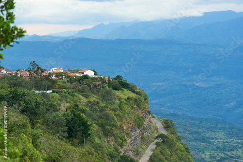 Barichara, the most beautiful town in Colombia, seen from a nearby lookout point, a touristic natural area with great views of the surrounding mountains.