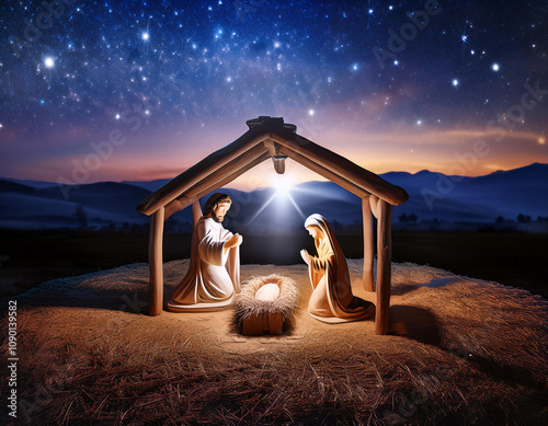 Nativity scene under thatched stable with bright star above and starry night sky backdrop, depicting holy family in peaceful desert setting photo