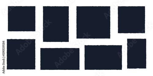 Black silhouette square rectangle different shapes isolated on white background. Set of rough torn paper with ragged edges