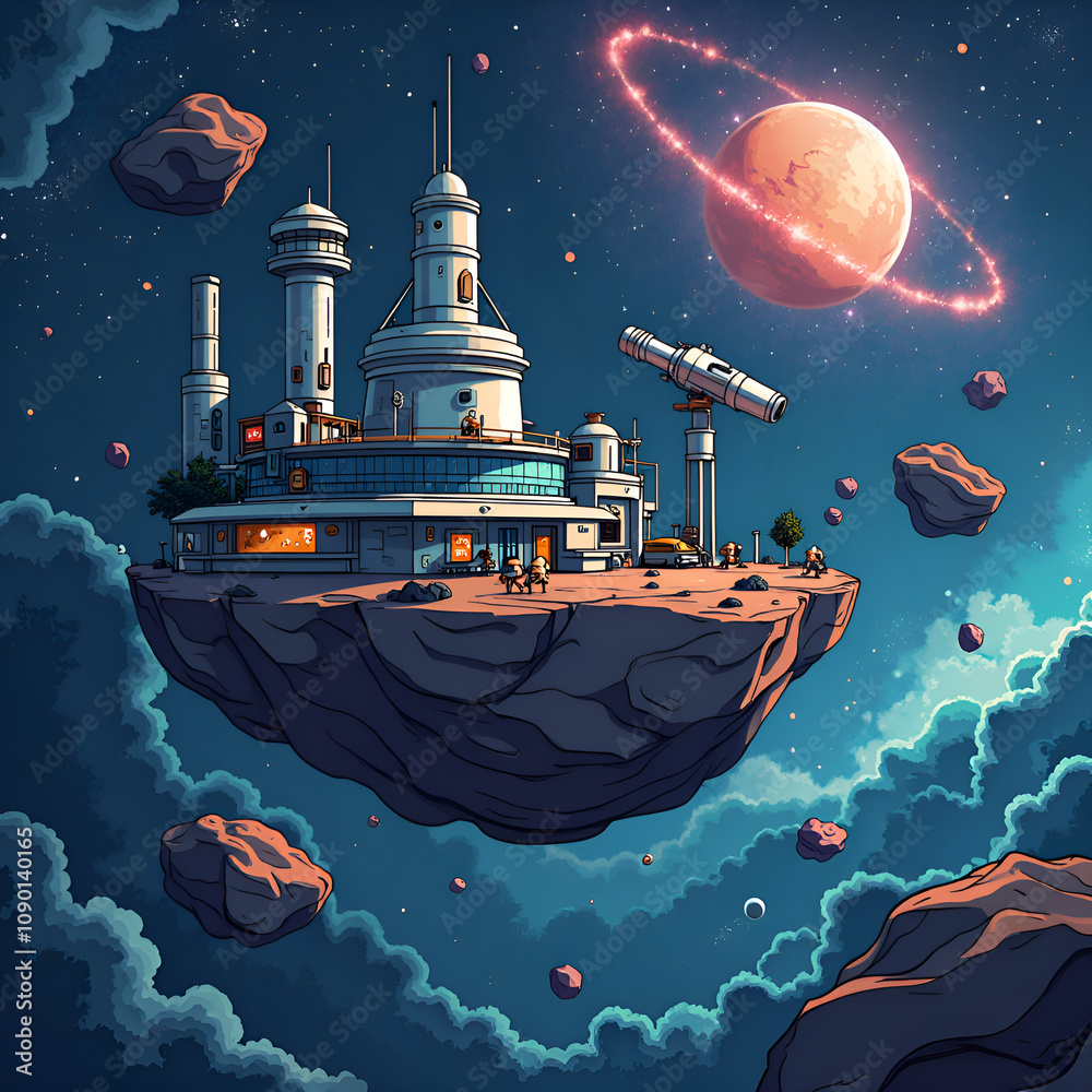 Obraz premium A floating research station amidst asteroids and cosmic wonders in a vibrant galactic scene, digital art of science fiction concept.
